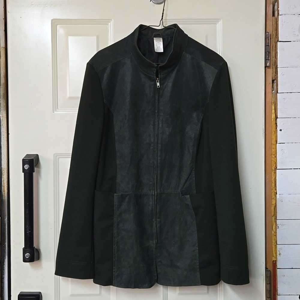 90s does 70s Lightweight Suede Jacket Polyester Hunter Green Zip Up Coat Retro